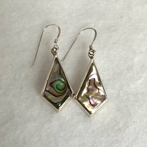 Sterling Silver 925 1.68" Kite Shaped Abalone Shell Inlay Dangle Earrings - Picture 6 of 16